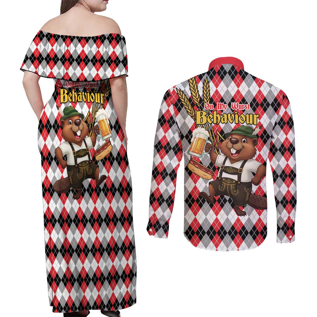Oktoberfest Beaver Couples Matching Off Shoulder Maxi Dress and Long Sleeve Button Shirt On My Wurst Behaviour - Wonder Print Shop