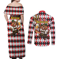 Oktoberfest Beaver Couples Matching Off Shoulder Maxi Dress and Long Sleeve Button Shirt On My Wurst Behaviour - Wonder Print Shop