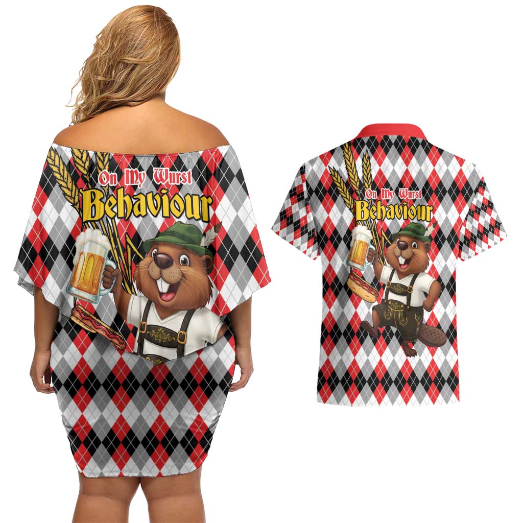 Oktoberfest Beaver Couples Matching Off Shoulder Short Dress and Hawaiian Shirt On My Wurst Behaviour - Wonder Print Shop