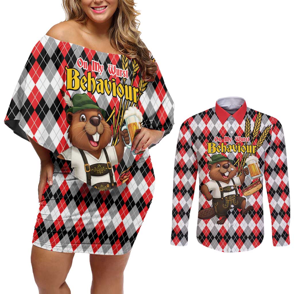 Oktoberfest Beaver Couples Matching Off Shoulder Short Dress and Long Sleeve Button Shirt On My Wurst Behaviour - Wonder Print Shop