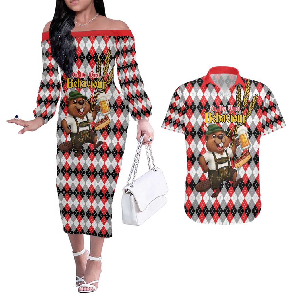 Oktoberfest Beaver Couples Matching Off The Shoulder Long Sleeve Dress and Hawaiian Shirt On My Wurst Behaviour - Wonder Print Shop