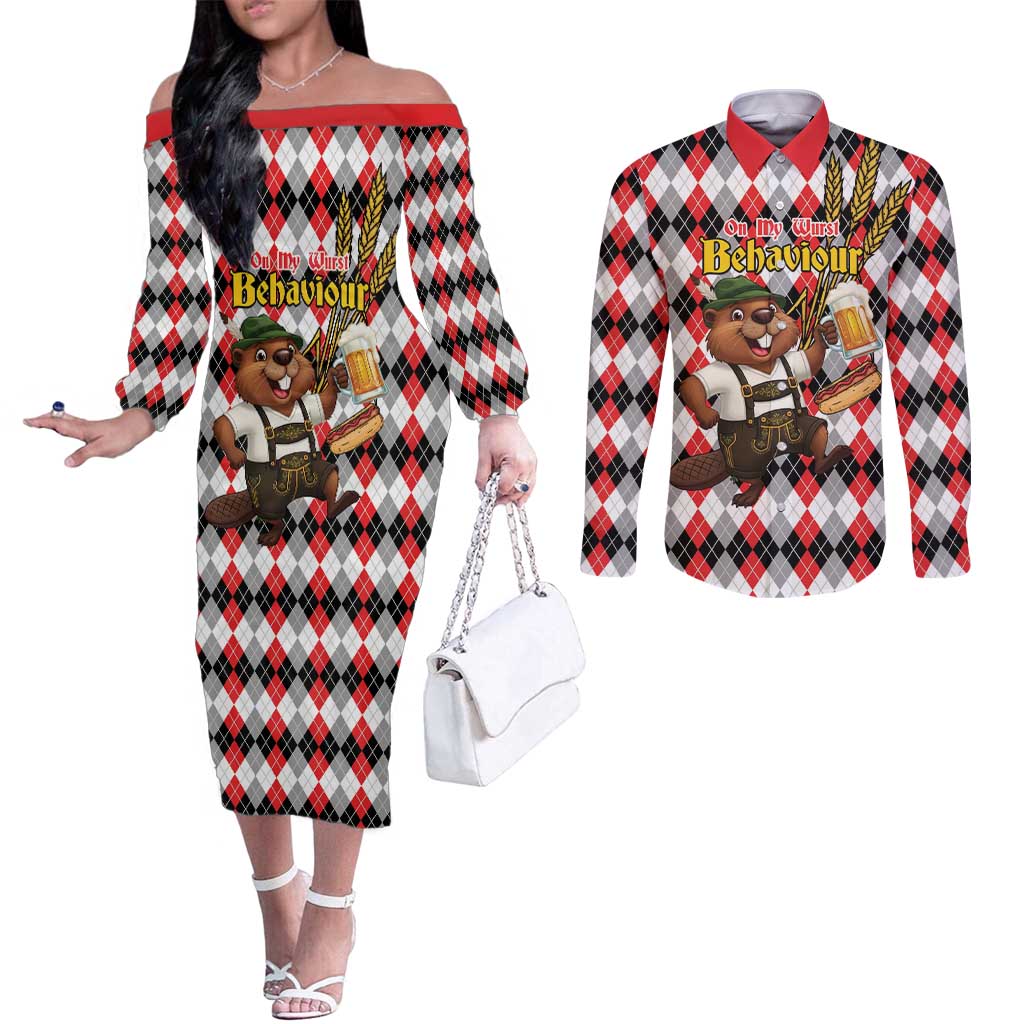Oktoberfest Beaver Couples Matching Off The Shoulder Long Sleeve Dress and Long Sleeve Button Shirt On My Wurst Behaviour - Wonder Print Shop