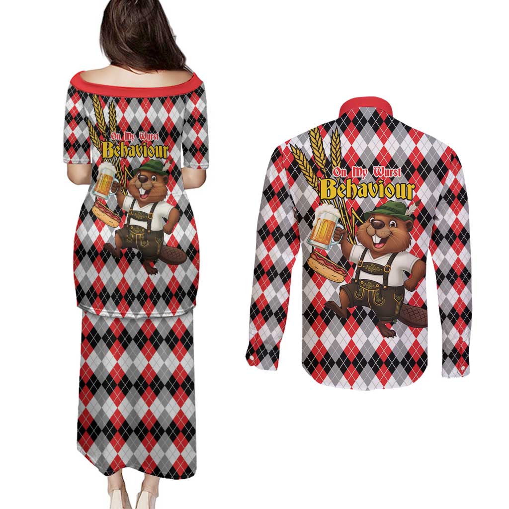 Oktoberfest Beaver Couples Matching Puletasi and Long Sleeve Button Shirt On My Wurst Behaviour - Wonder Print Shop