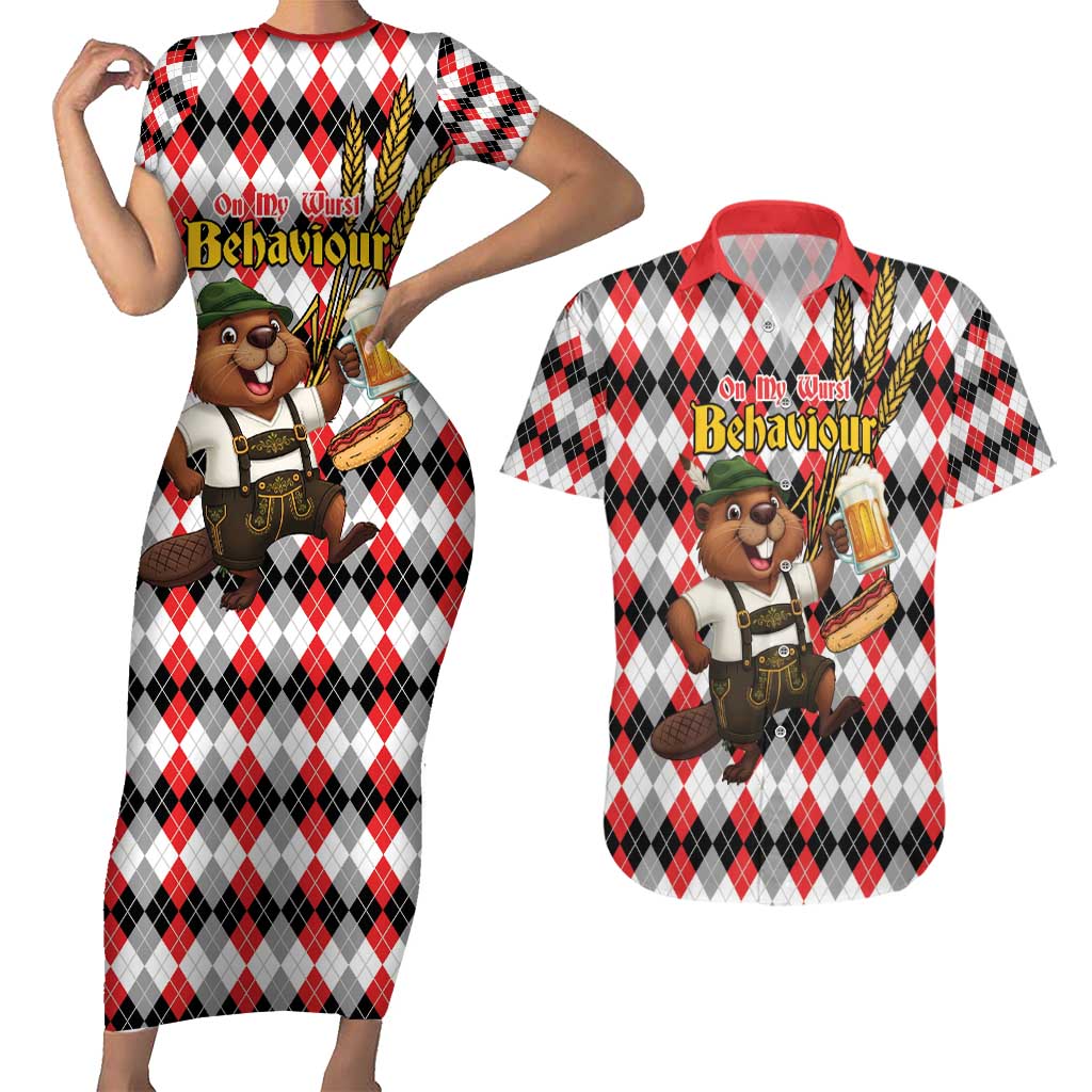 Oktoberfest Beaver Couples Matching Short Sleeve Bodycon Dress and Hawaiian Shirt On My Wurst Behaviour - Wonder Print Shop