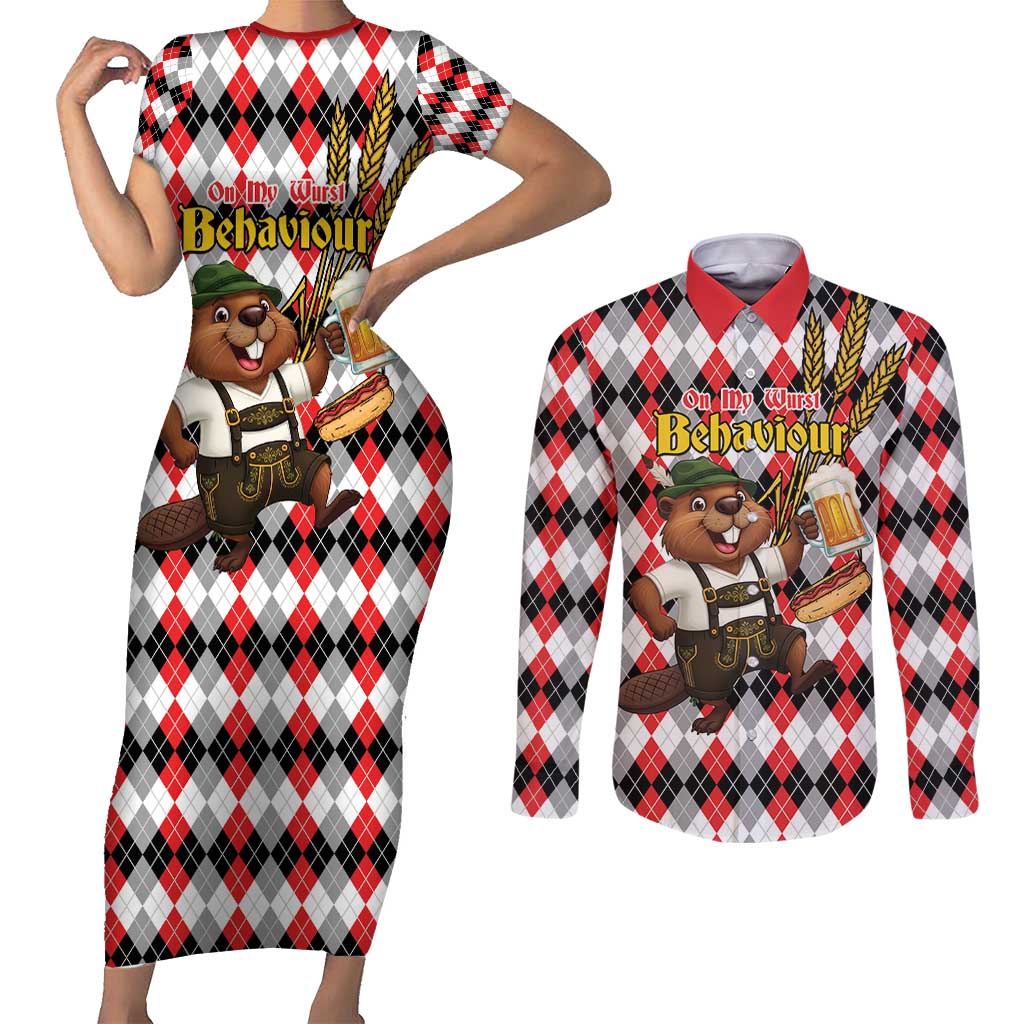 Oktoberfest Beaver Couples Matching Short Sleeve Bodycon Dress and Long Sleeve Button Shirt On My Wurst Behaviour - Wonder Print Shop