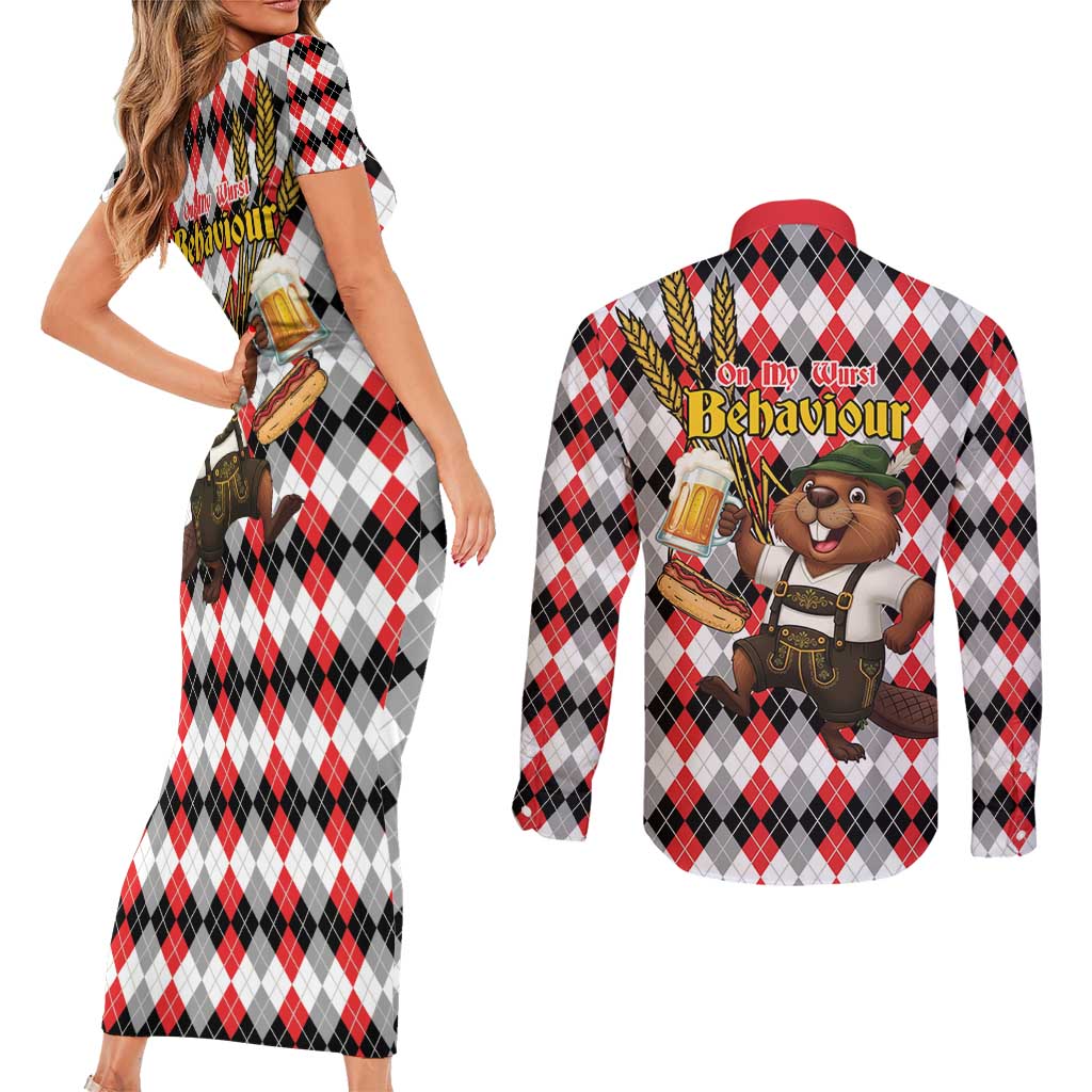 Oktoberfest Beaver Couples Matching Short Sleeve Bodycon Dress and Long Sleeve Button Shirt On My Wurst Behaviour - Wonder Print Shop
