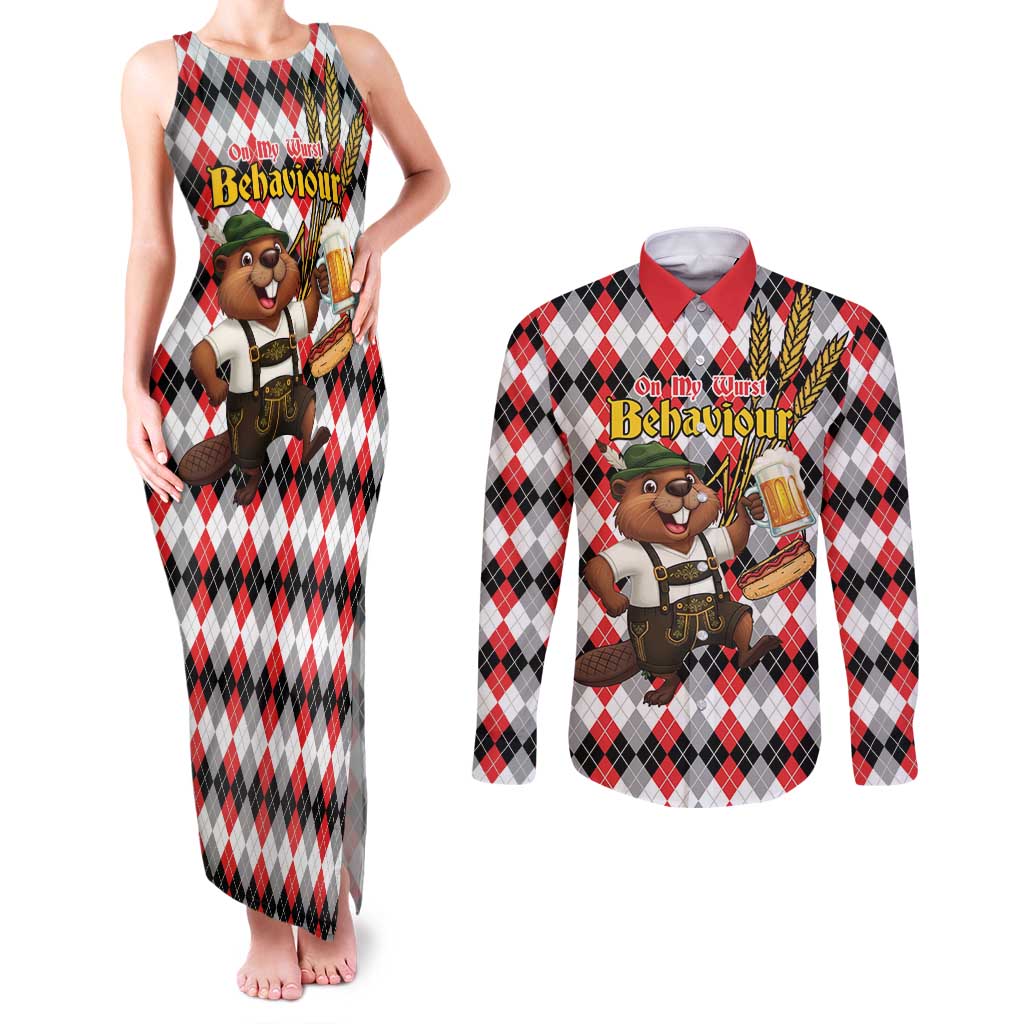 Oktoberfest Beaver Couples Matching Tank Maxi Dress and Long Sleeve Button Shirt On My Wurst Behaviour - Wonder Print Shop