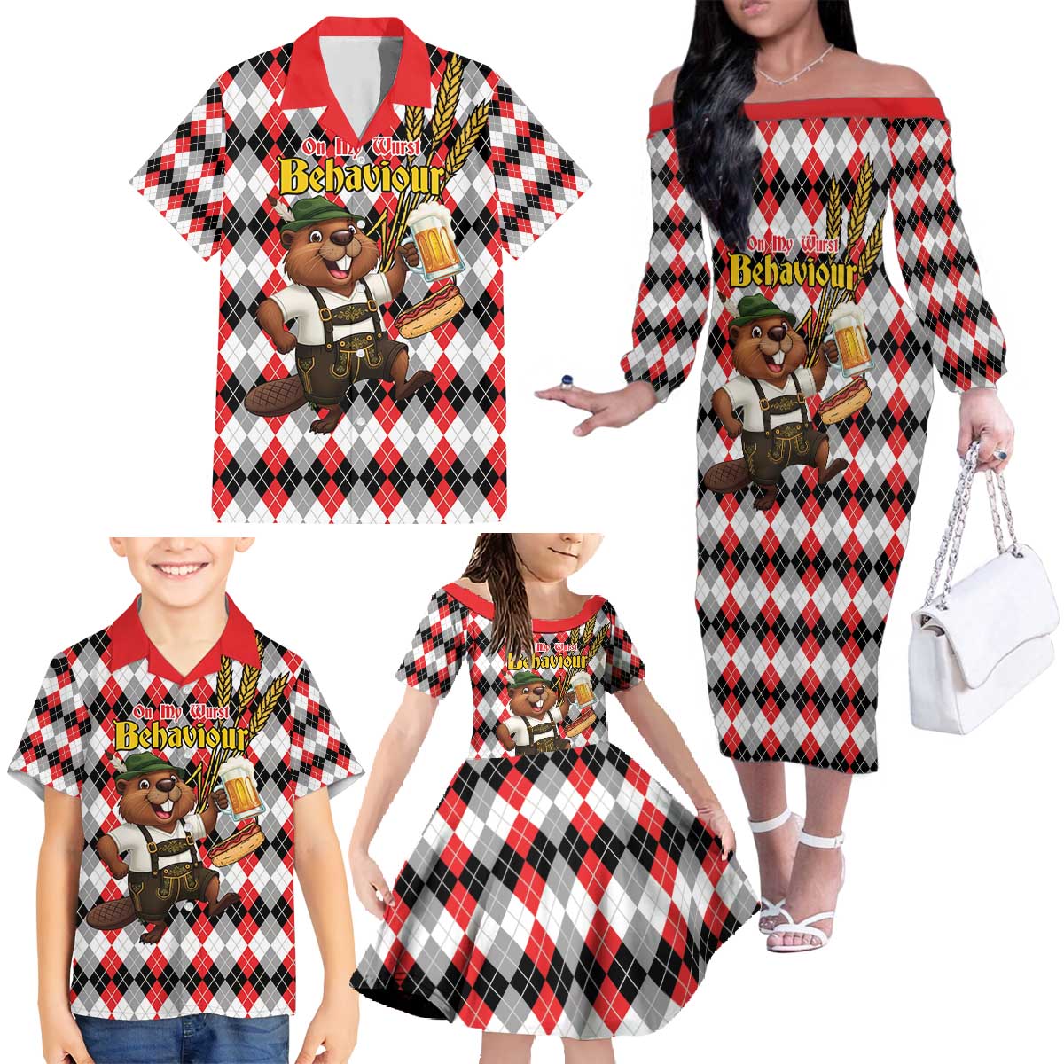 Oktoberfest Beaver Family Matching Off The Shoulder Long Sleeve Dress and Hawaiian Shirt On My Wurst Behaviour - Wonder Print Shop
