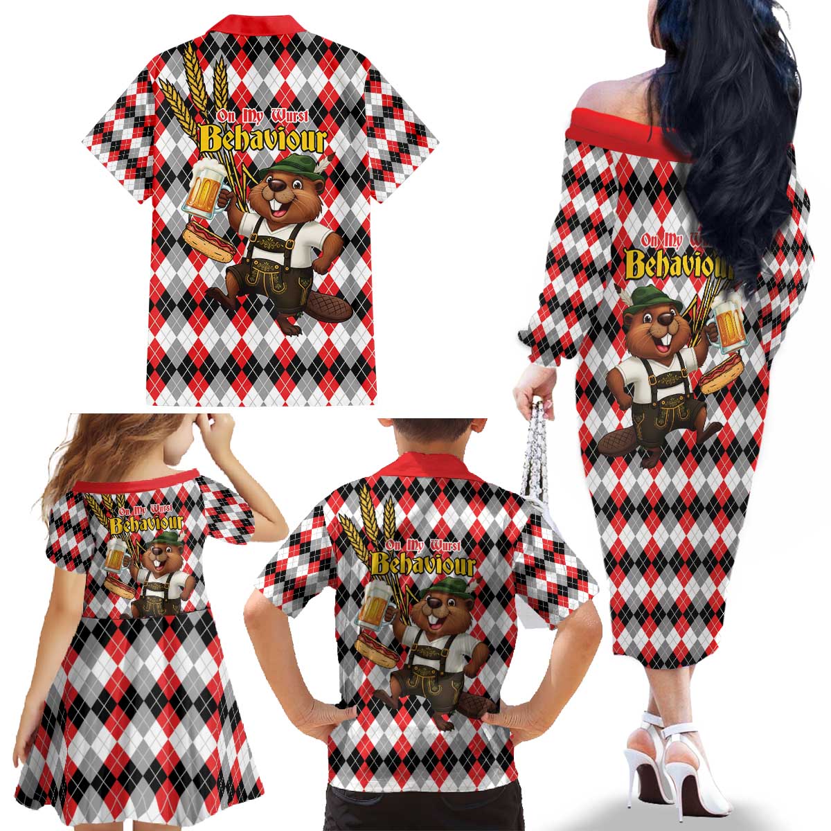 Oktoberfest Beaver Family Matching Off The Shoulder Long Sleeve Dress and Hawaiian Shirt On My Wurst Behaviour - Wonder Print Shop