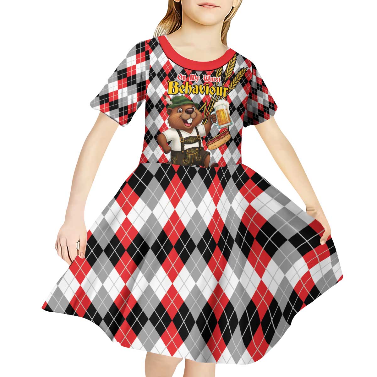 Oktoberfest Beaver Kid Short Sleeve Dress On My Wurst Behaviour - Wonder Print Shop