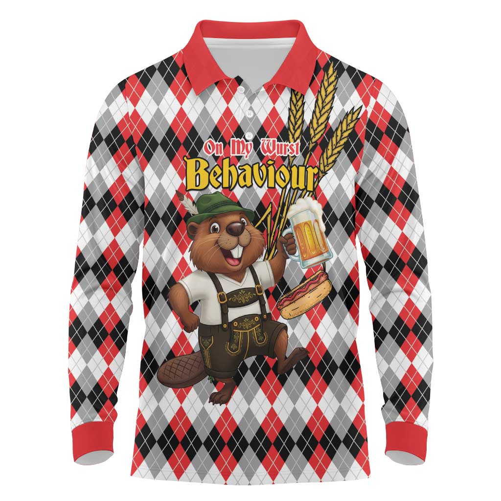 Oktoberfest Beaver Long Sleeve Polo Shirt On My Wurst Behaviour - Wonder Print Shop