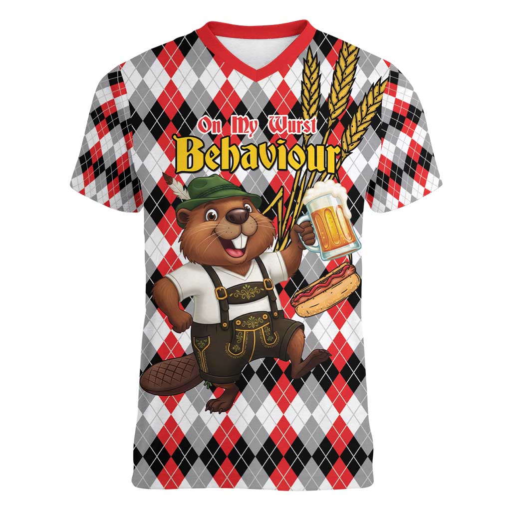 Oktoberfest Beaver Women V-Neck T-Shirt On My Wurst Behaviour - Wonder Print Shop