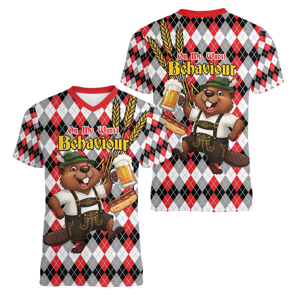 Oktoberfest Beaver Women V-Neck T-Shirt On My Wurst Behaviour - Wonder Print Shop