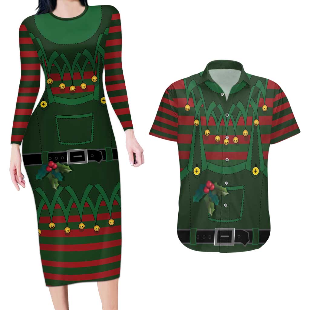 Christmas Elf Costume Couples Matching Long Sleeve Bodycon Dress and Hawaiian Shirt Santa’s Little Helper Outfit - Wonder Print Shop