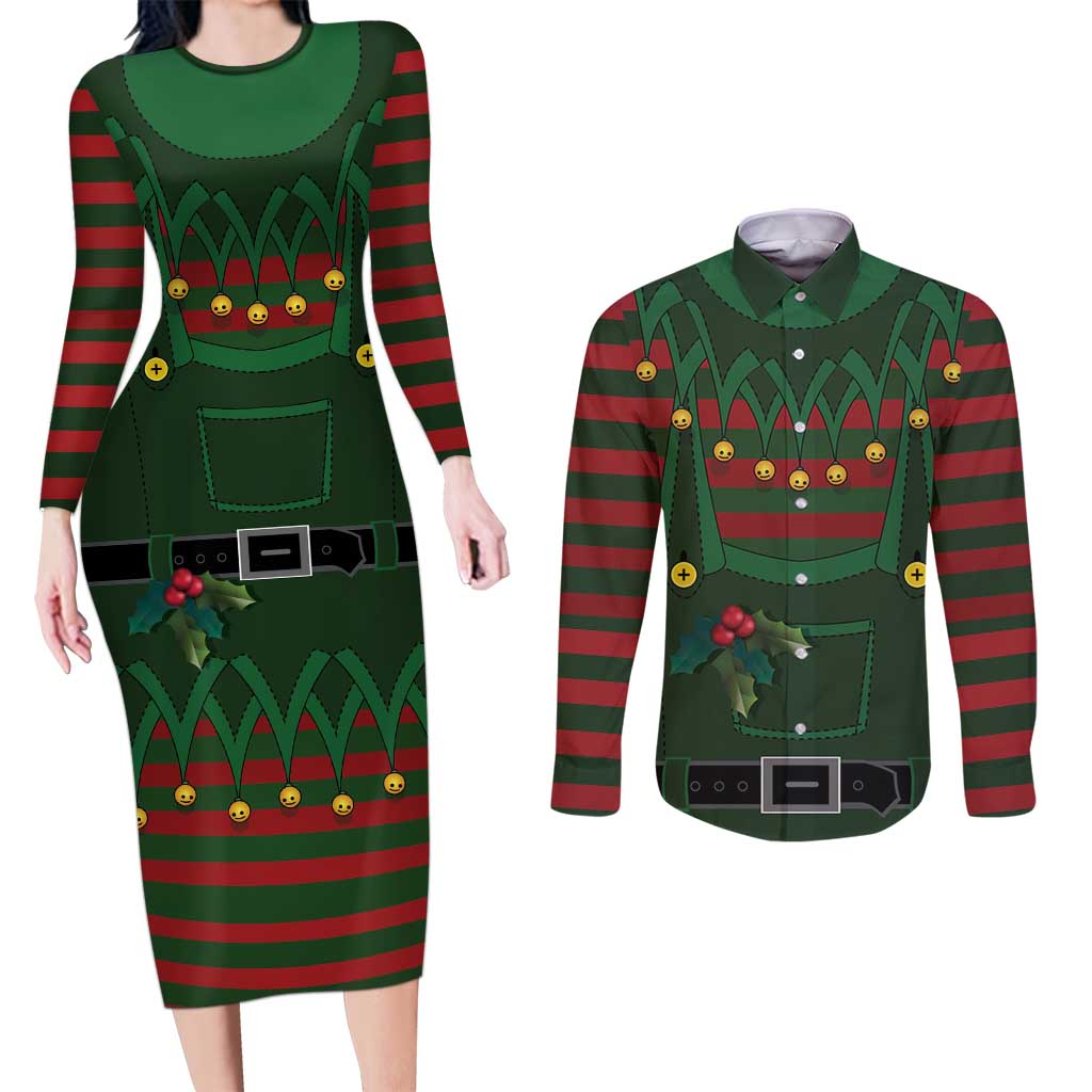 Christmas Elf Costume Couples Matching Long Sleeve Bodycon Dress and Long Sleeve Button Shirt Santa’s Little Helper Outfit - Wonder Print Shop