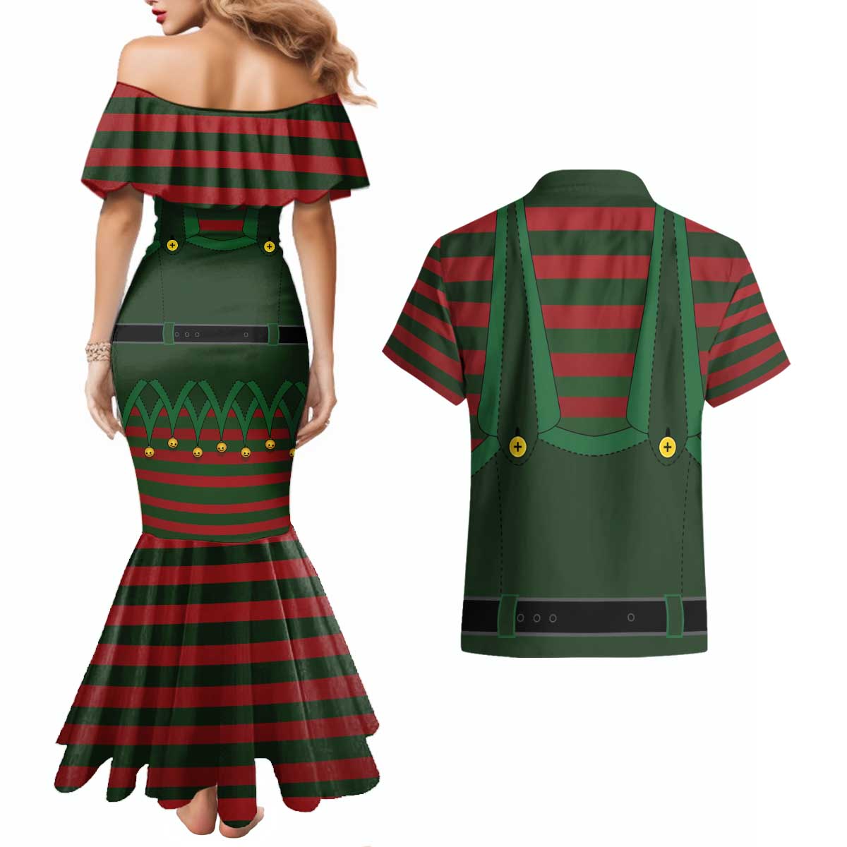Christmas Elf Costume Couples Matching Mermaid Dress and Hawaiian Shirt Santa’s Little Helper Outfit - Wonder Print Shop