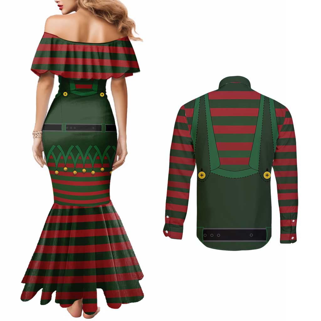 Christmas Elf Costume Couples Matching Mermaid Dress and Long Sleeve Button Shirt Santa’s Little Helper Outfit - Wonder Print Shop