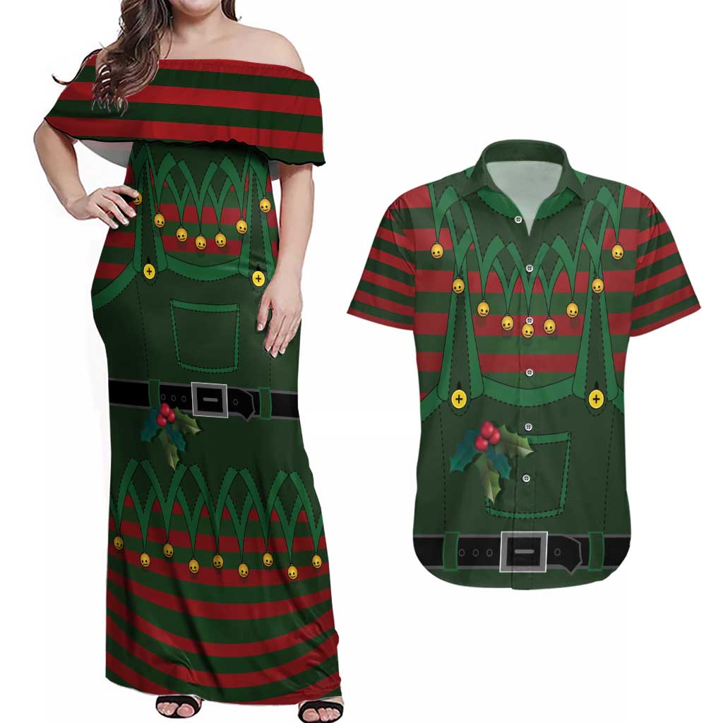 Christmas Elf Costume Couples Matching Off Shoulder Maxi Dress and Hawaiian Shirt Santa’s Little Helper Outfit - Wonder Print Shop