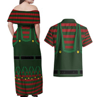 Christmas Elf Costume Couples Matching Off Shoulder Maxi Dress and Hawaiian Shirt Santa’s Little Helper Outfit - Wonder Print Shop