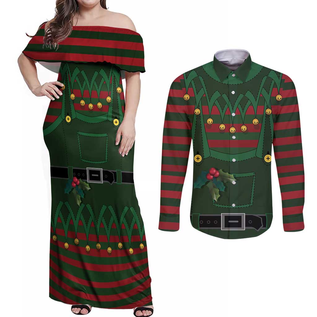 Christmas Elf Costume Couples Matching Off Shoulder Maxi Dress and Long Sleeve Button Shirt Santa’s Little Helper Outfit - Wonder Print Shop