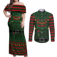 Christmas Elf Costume Couples Matching Off Shoulder Maxi Dress and Long Sleeve Button Shirt Santa’s Little Helper Outfit - Wonder Print Shop