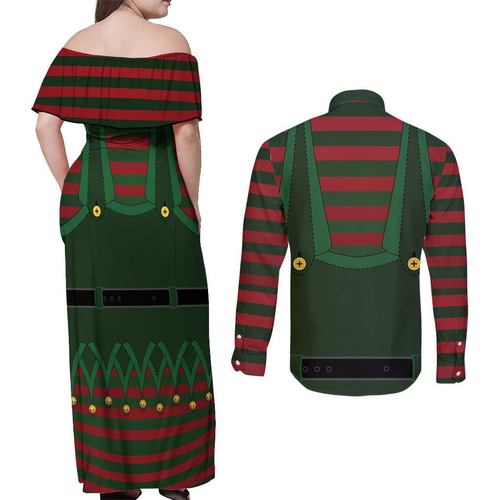 Christmas Elf Costume Couples Matching Off Shoulder Maxi Dress and Long Sleeve Button Shirt Santa’s Little Helper Outfit - Wonder Print Shop