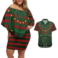 Christmas Elf Costume Couples Matching Off Shoulder Short Dress and Hawaiian Shirt Santa’s Little Helper Outfit - Wonder Print Shop