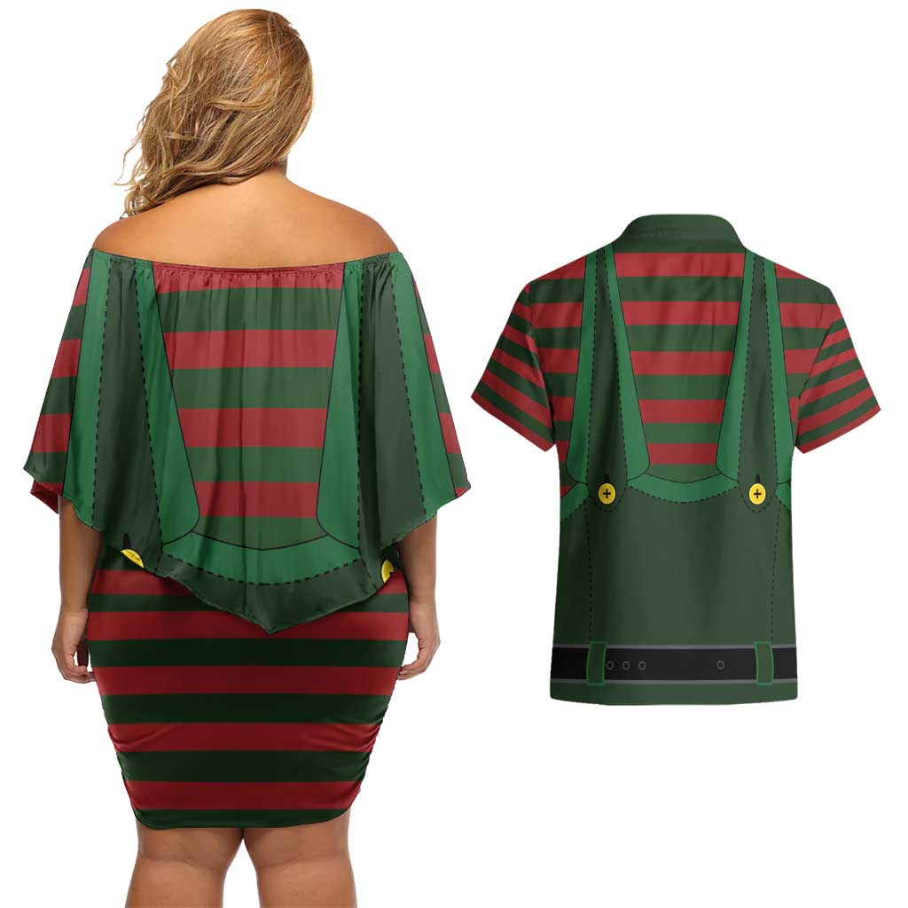 Christmas Elf Costume Couples Matching Off Shoulder Short Dress and Hawaiian Shirt Santa’s Little Helper Outfit - Wonder Print Shop