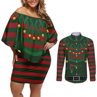 Christmas Elf Costume Couples Matching Off Shoulder Short Dress and Long Sleeve Button Shirt Santa’s Little Helper Outfit - Wonder Print Shop