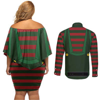 Christmas Elf Costume Couples Matching Off Shoulder Short Dress and Long Sleeve Button Shirt Santa’s Little Helper Outfit - Wonder Print Shop