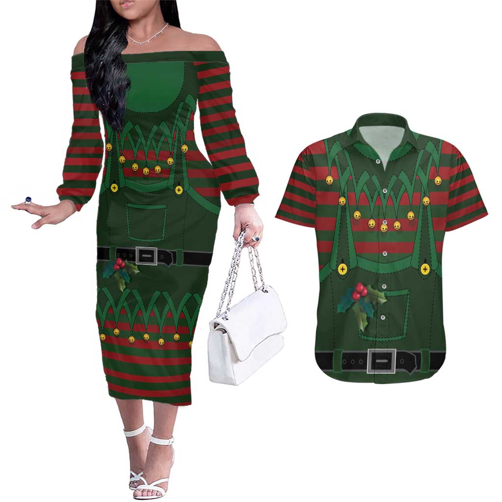 Christmas Elf Costume Couples Matching Off The Shoulder Long Sleeve Dress and Hawaiian Shirt Santa’s Little Helper Outfit - Wonder Print Shop