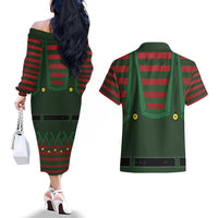 Christmas Elf Costume Couples Matching Off The Shoulder Long Sleeve Dress and Hawaiian Shirt Santa’s Little Helper Outfit - Wonder Print Shop