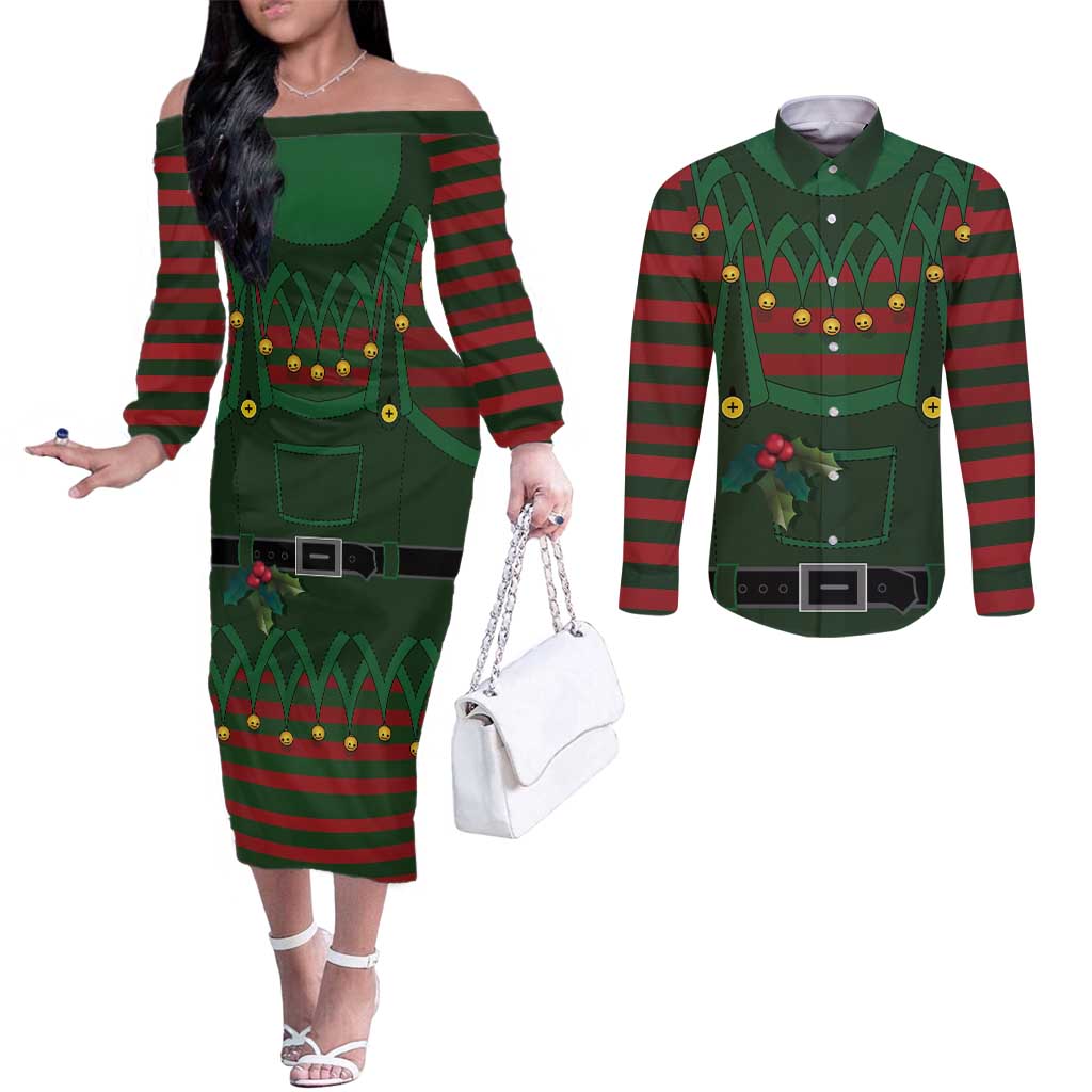 Christmas Elf Costume Couples Matching Off The Shoulder Long Sleeve Dress and Long Sleeve Button Shirt Santa’s Little Helper Outfit - Wonder Print Shop