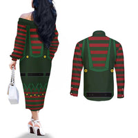 Christmas Elf Costume Couples Matching Off The Shoulder Long Sleeve Dress and Long Sleeve Button Shirt Santa’s Little Helper Outfit - Wonder Print Shop