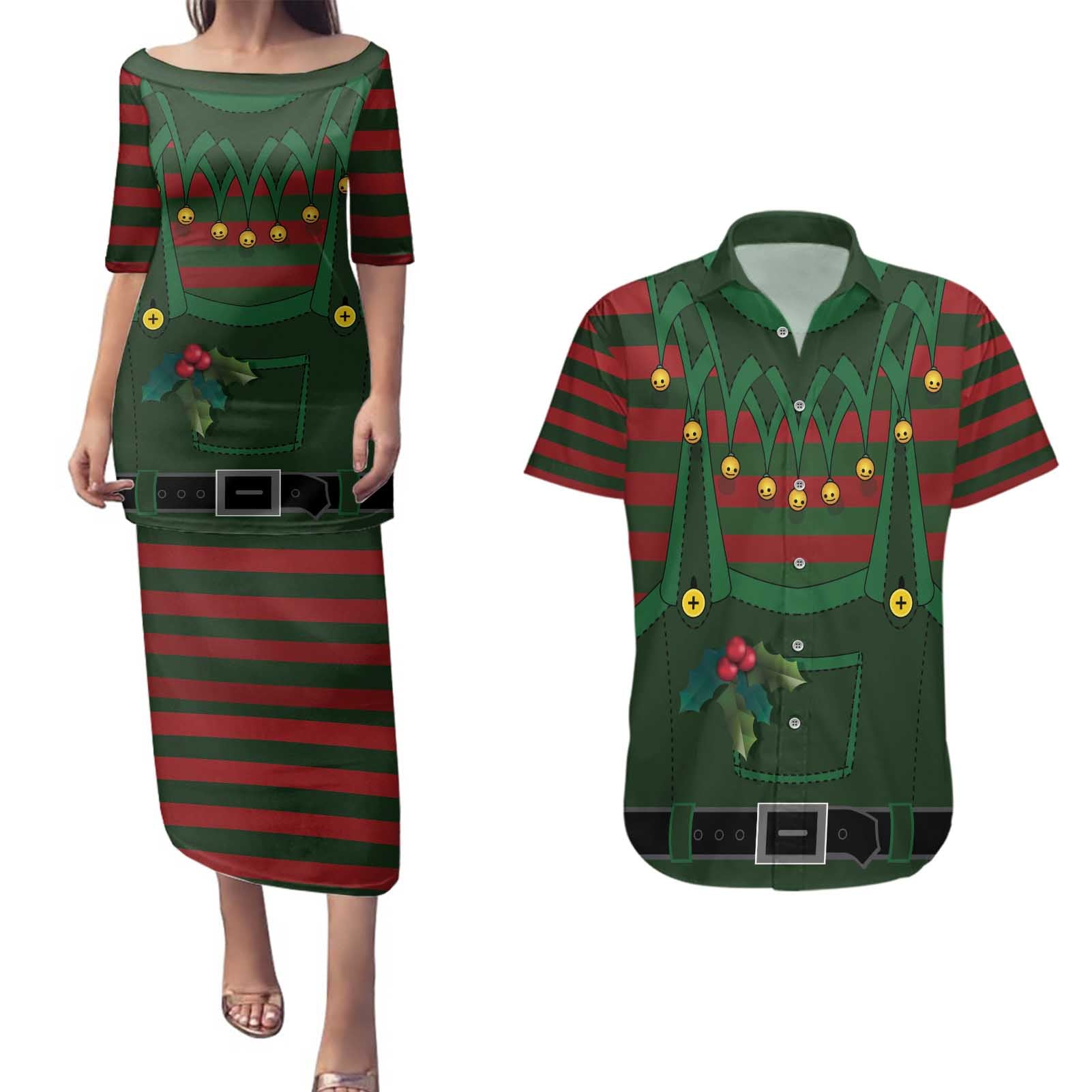 Christmas Elf Costume Couples Matching Puletasi and Hawaiian Shirt Santa’s Little Helper Outfit - Wonder Print Shop