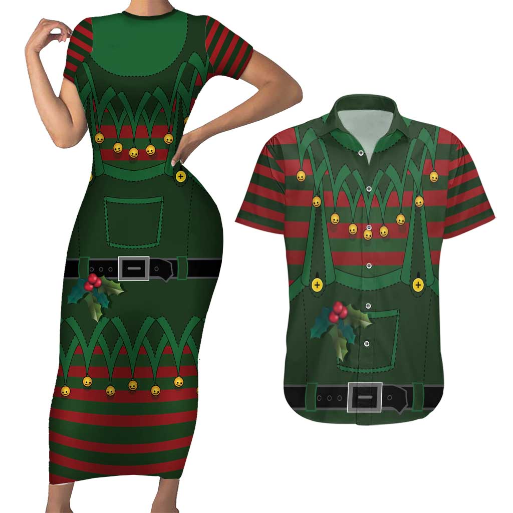 Christmas Elf Costume Couples Matching Short Sleeve Bodycon Dress and Hawaiian Shirt Santa’s Little Helper Outfit - Wonder Print Shop