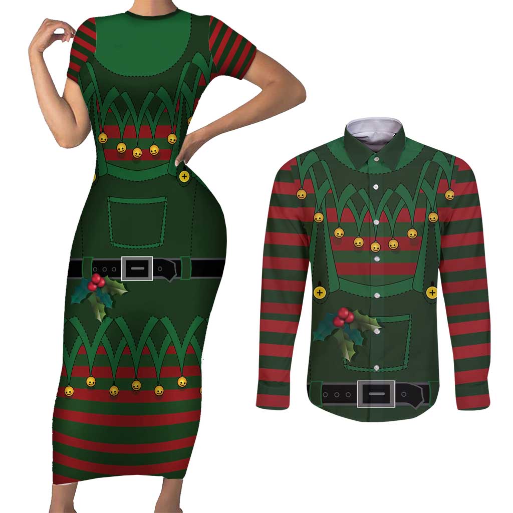 Christmas Elf Costume Couples Matching Short Sleeve Bodycon Dress and Long Sleeve Button Shirt Santa’s Little Helper Outfit - Wonder Print Shop