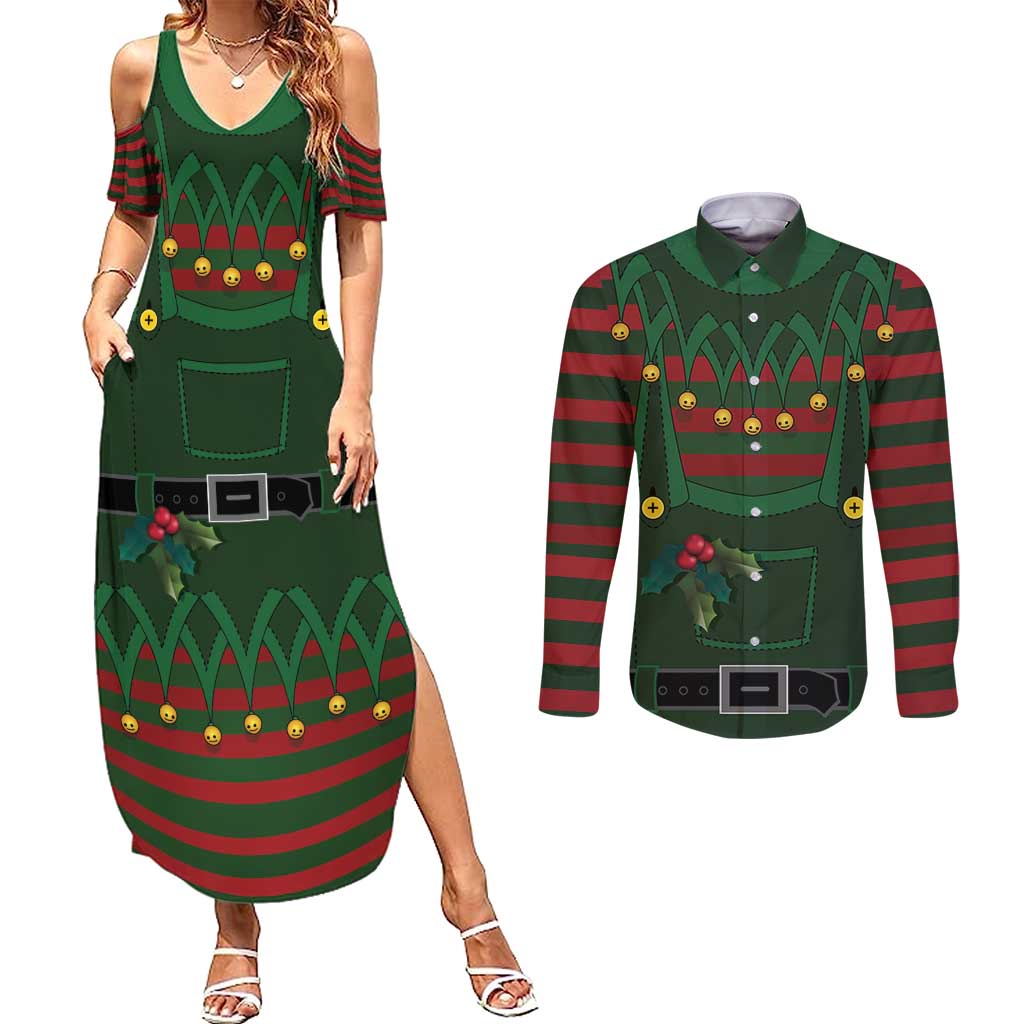 Christmas Elf Costume Couples Matching Summer Maxi Dress and Long Sleeve Button Shirt Santa’s Little Helper Outfit - Wonder Print Shop