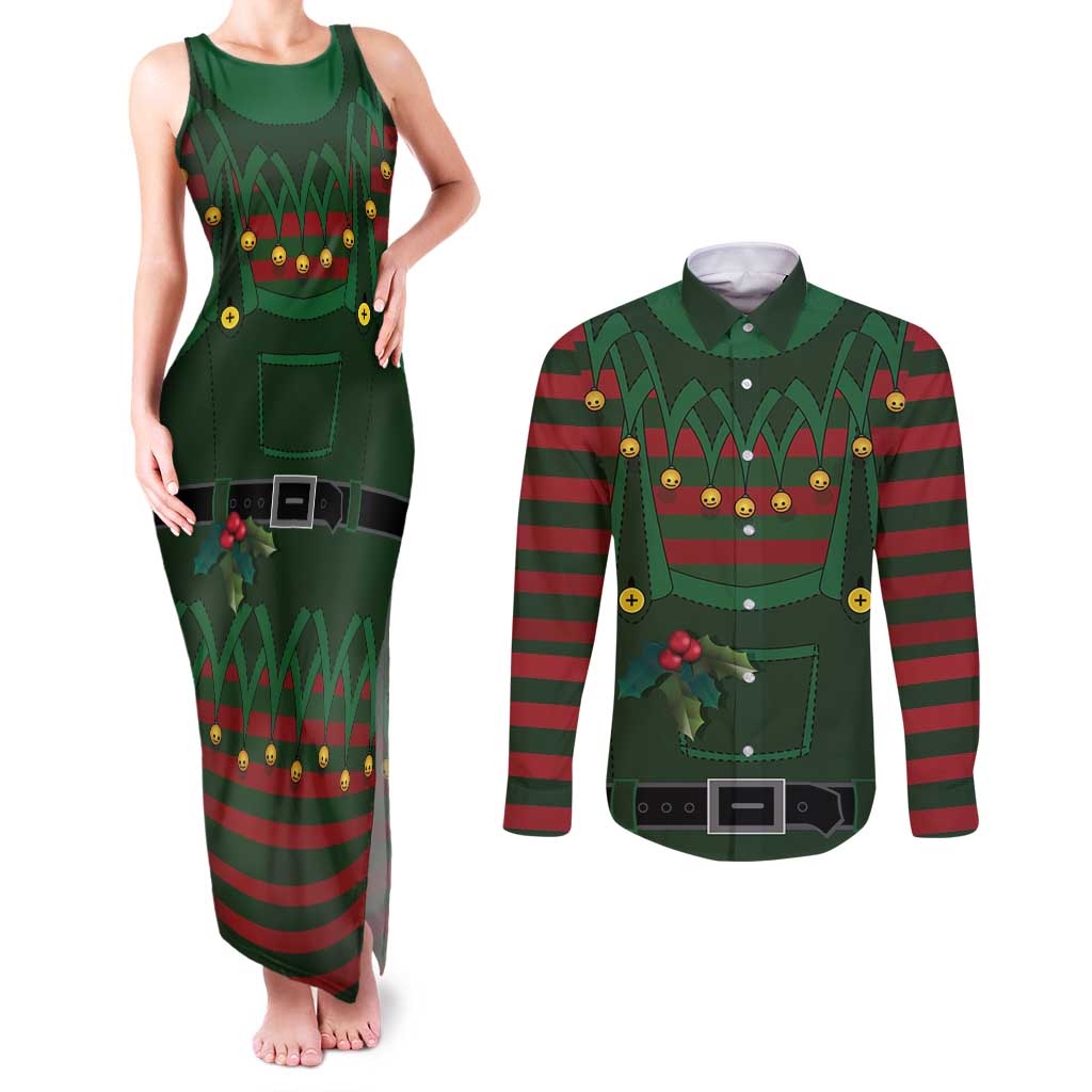 Christmas Elf Costume Couples Matching Tank Maxi Dress and Long Sleeve Button Shirt Santa’s Little Helper Outfit - Wonder Print Shop