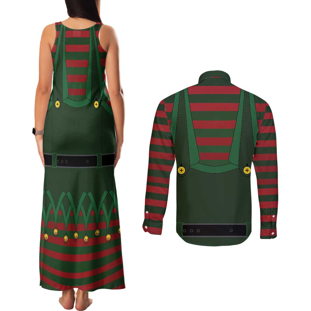Christmas Elf Costume Couples Matching Tank Maxi Dress and Long Sleeve Button Shirt Santa’s Little Helper Outfit - Wonder Print Shop