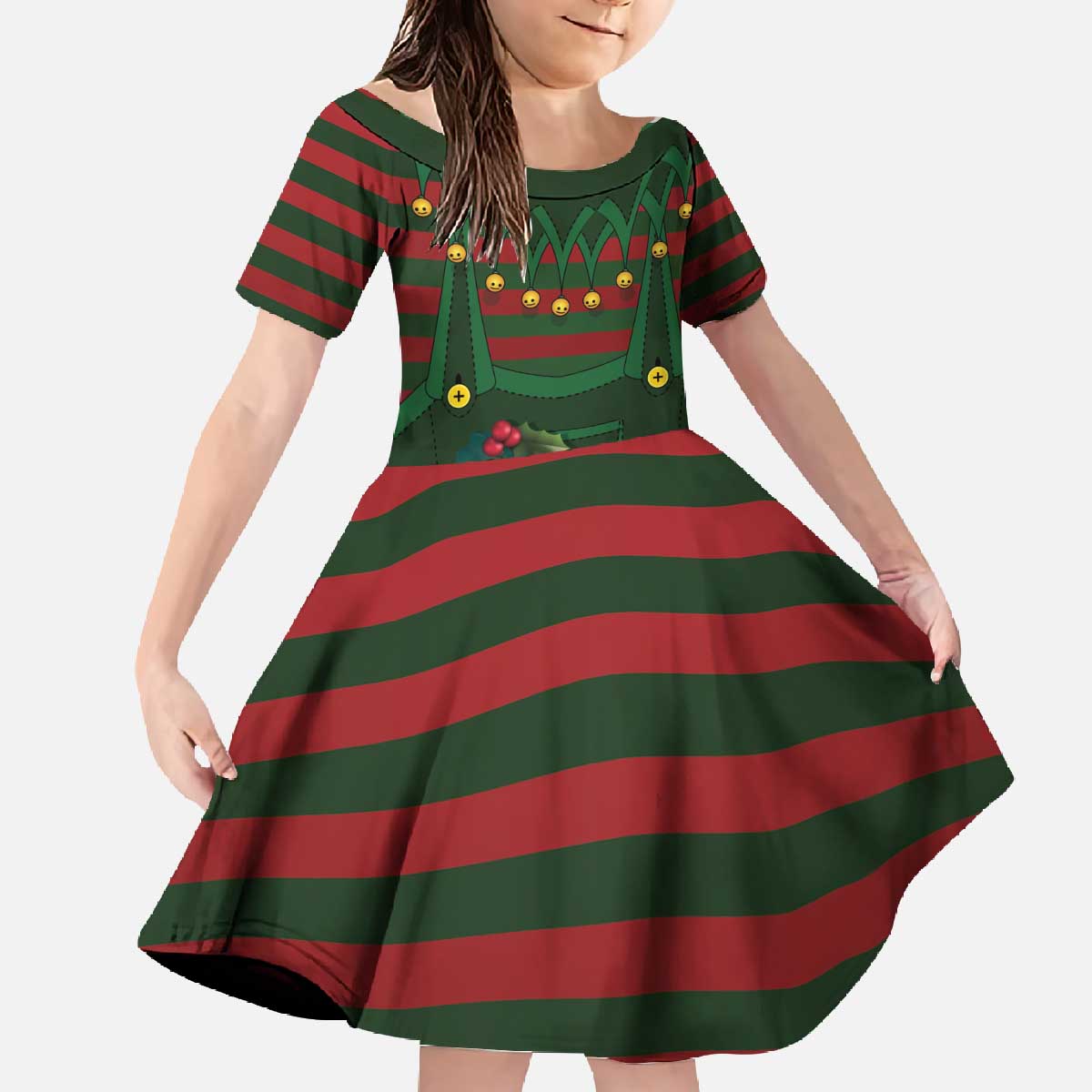 Christmas Elf Costume Family Matching Off The Shoulder Long Sleeve Dress and Hawaiian Shirt Santa’s Little Helper Outfit - Wonder Print Shop