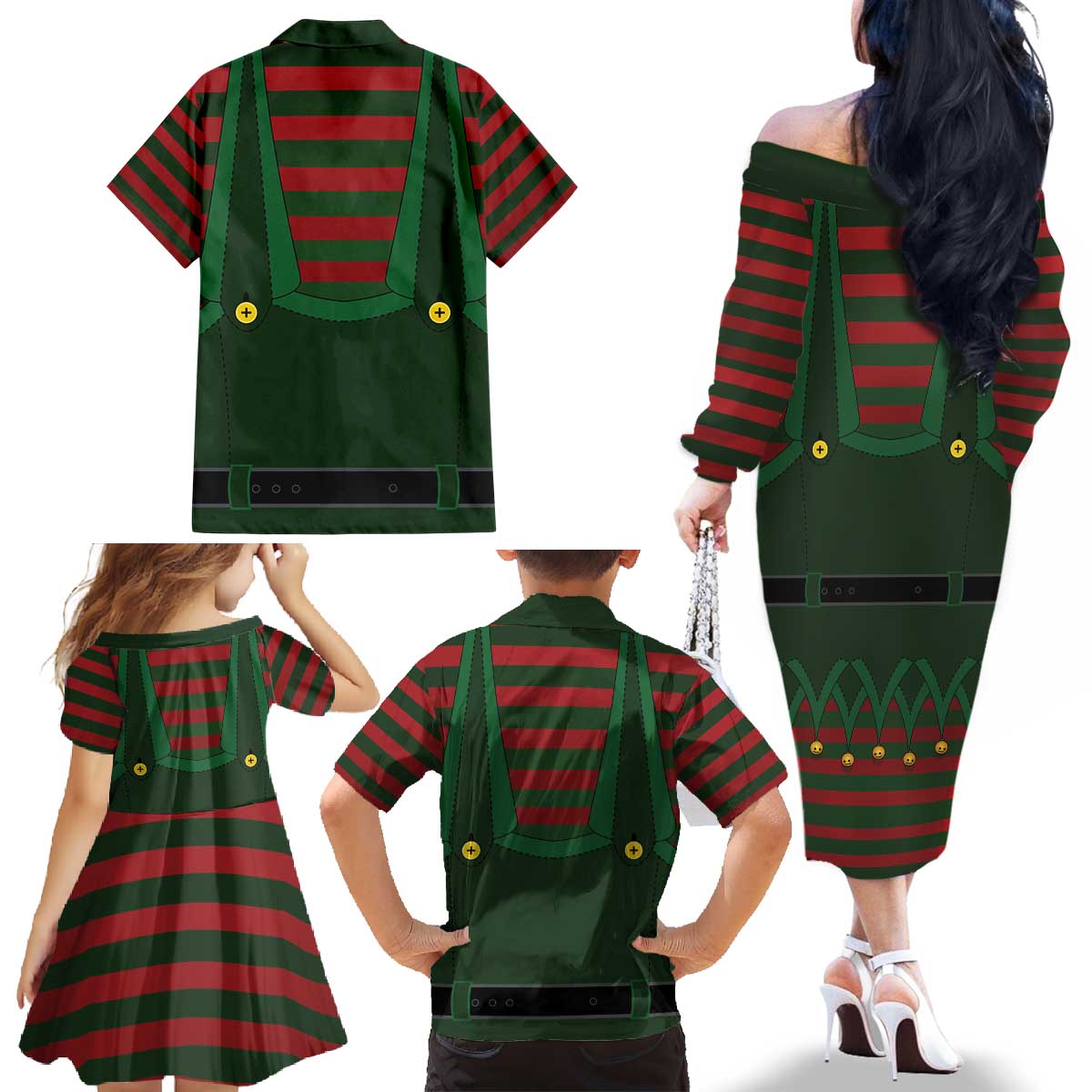 Christmas Elf Costume Family Matching Off The Shoulder Long Sleeve Dress and Hawaiian Shirt Santa’s Little Helper Outfit - Wonder Print Shop