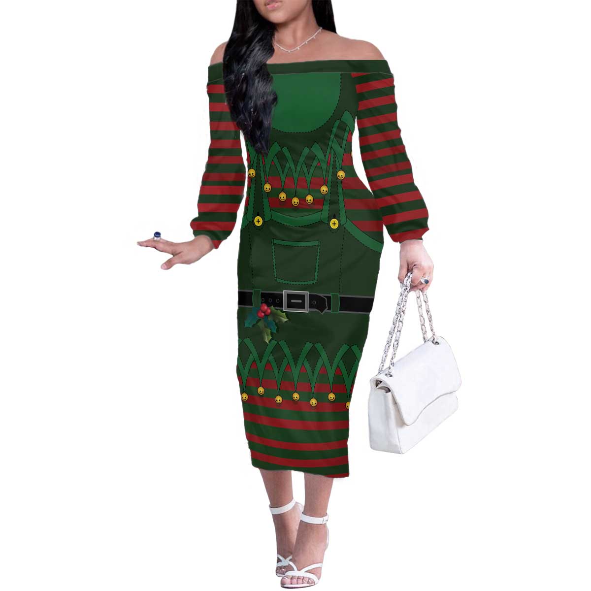 Christmas Elf Costume Family Matching Off The Shoulder Long Sleeve Dress and Hawaiian Shirt Santa’s Little Helper Outfit - Wonder Print Shop