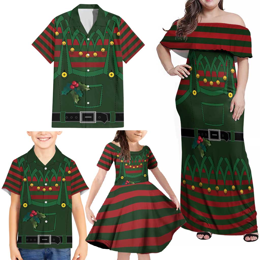 Christmas Elf Costume Family Matching Off Shoulder Maxi Dress and Hawaiian Shirt Santa’s Little Helper Outfit - Wonder Print Shop