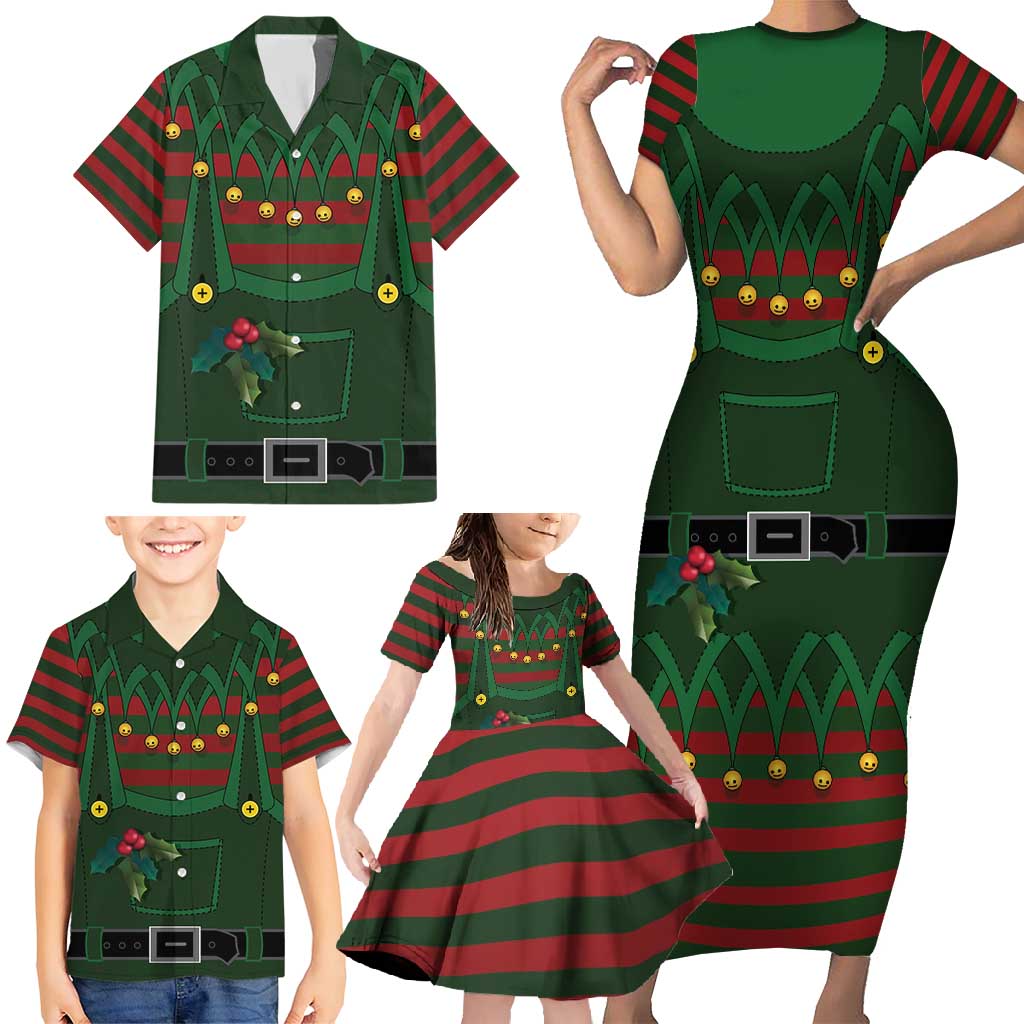 Christmas Elf Costume Family Matching Short Sleeve Bodycon Dress and Hawaiian Shirt Santa’s Little Helper Outfit - Wonder Print Shop