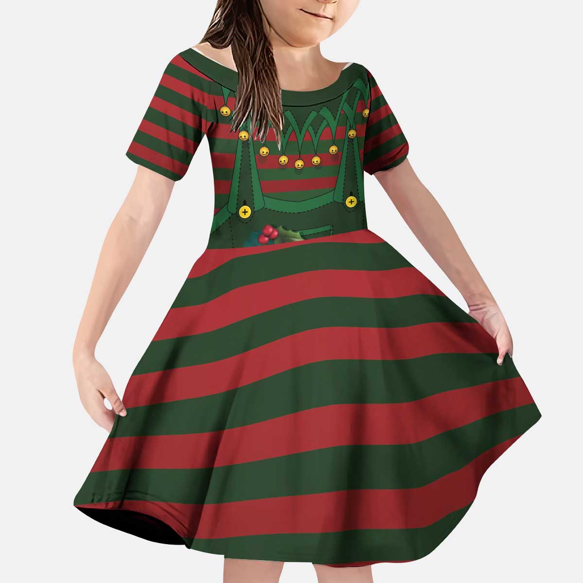 Christmas Elf Costume Kid Short Sleeve Dress Santa’s Little Helper Outfit - Wonder Print Shop