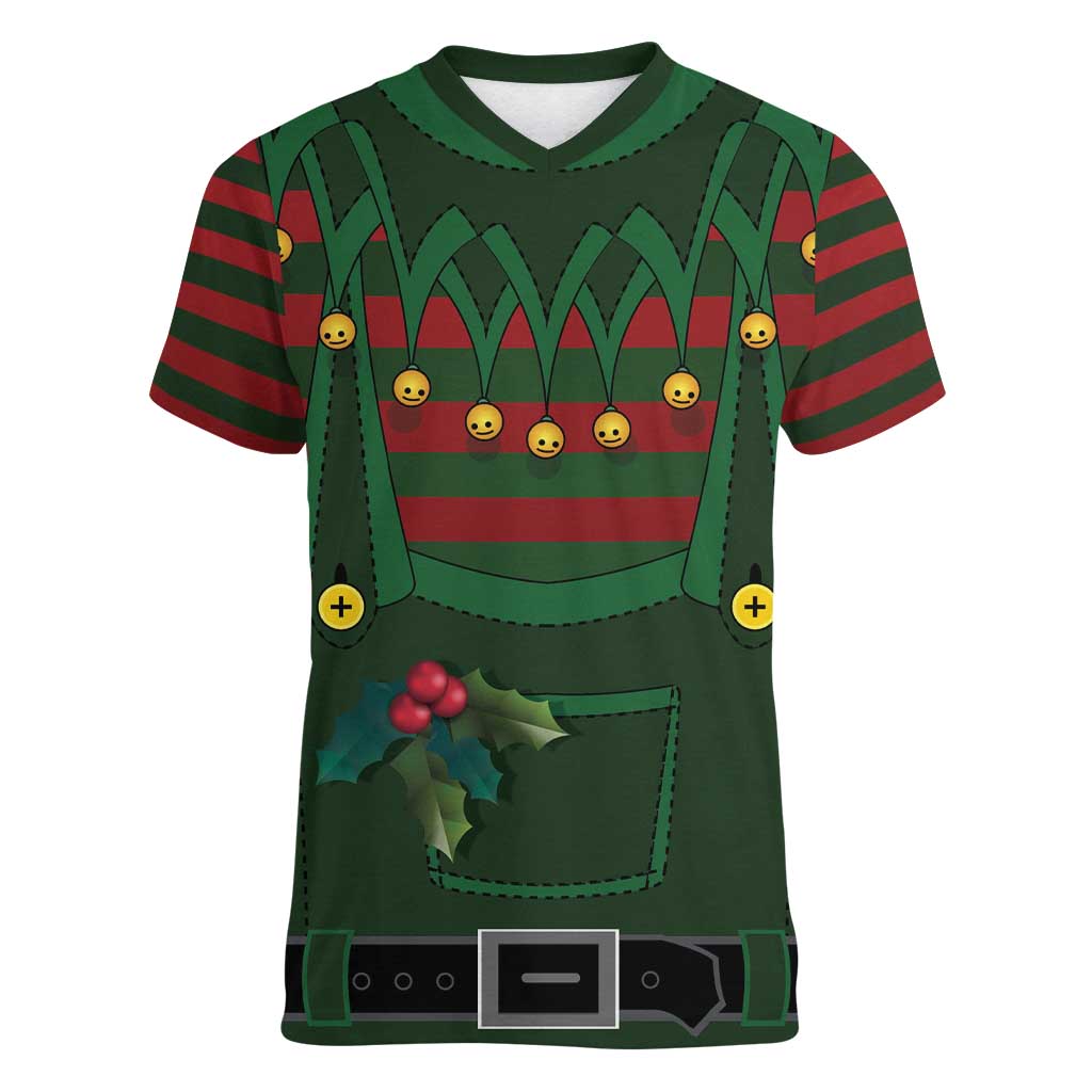 Christmas Elf Costume Women V-Neck T-Shirt Santa’s Little Helper Outfit - Wonder Print Shop