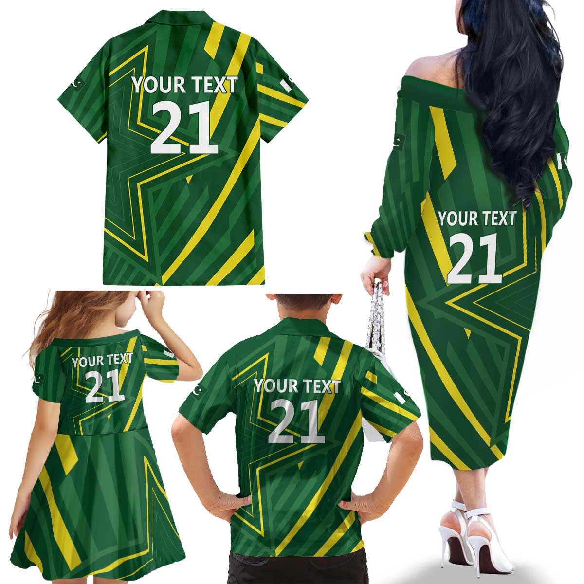 Pakistan Cricket Custom Family Matching Off The Shoulder Long Sleeve Dress and Hawaiian Shirt Shaheen Falcon Go Champions - Wonder Print Shop