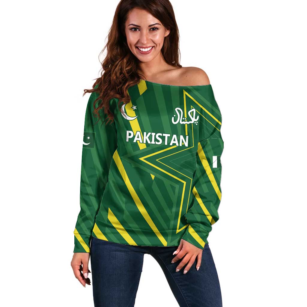 Pakistan Cricket Custom Off Shoulder Sweater Shaheen Falcon Go Champions - Wonder Print Shop
