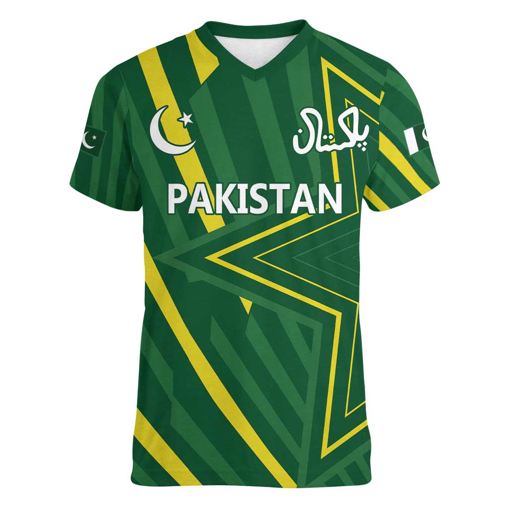 Pakistan Cricket Custom Women V-Neck T-Shirt Shaheen Falcon Go Champions - Wonder Print Shop
